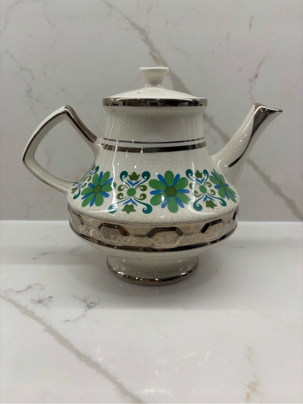 Vintage Gibson Floral Teapot Green Blue Daisy Pattern with Silver Trim Retro
